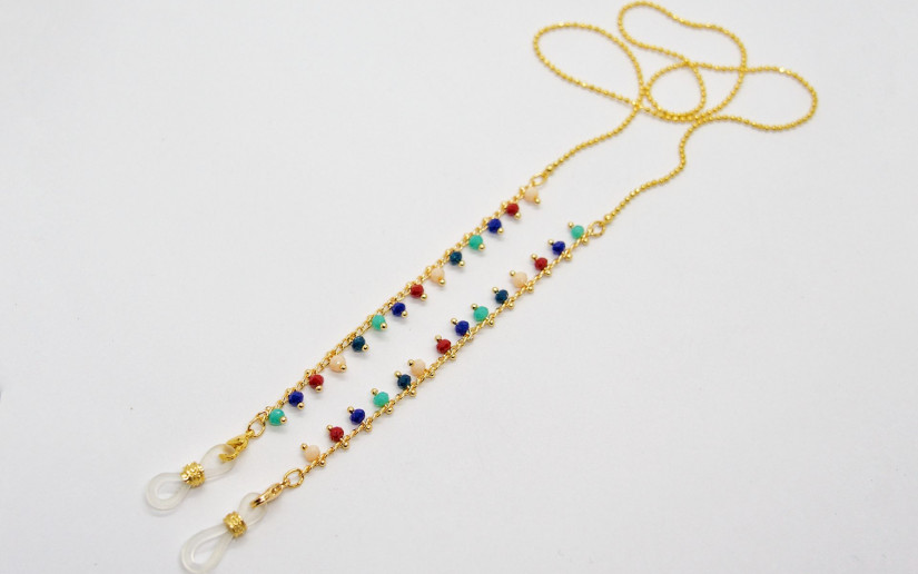 Goldene Brillenkette mit farbigen Perlen