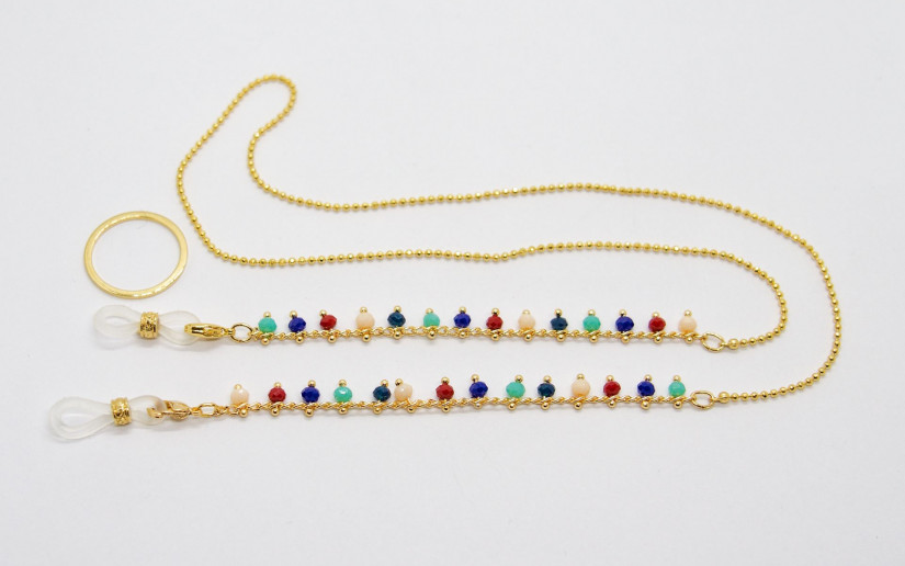 Goldene Brillenkette mit farbigen Perlen