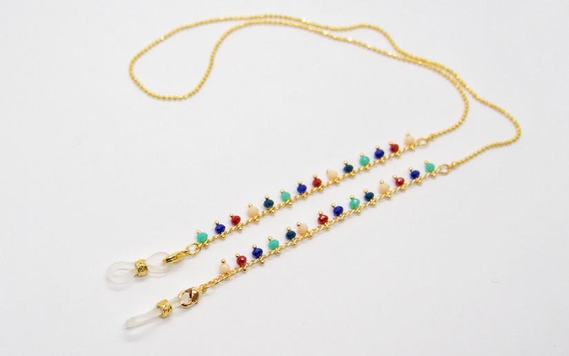 Goldene Brillenkette mit farbigen Perlen
