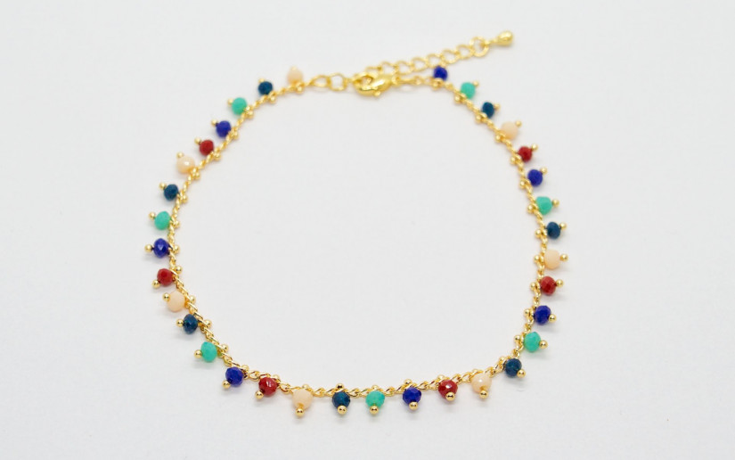 Goldene Fusskette mit farbigen Glas-Perlen