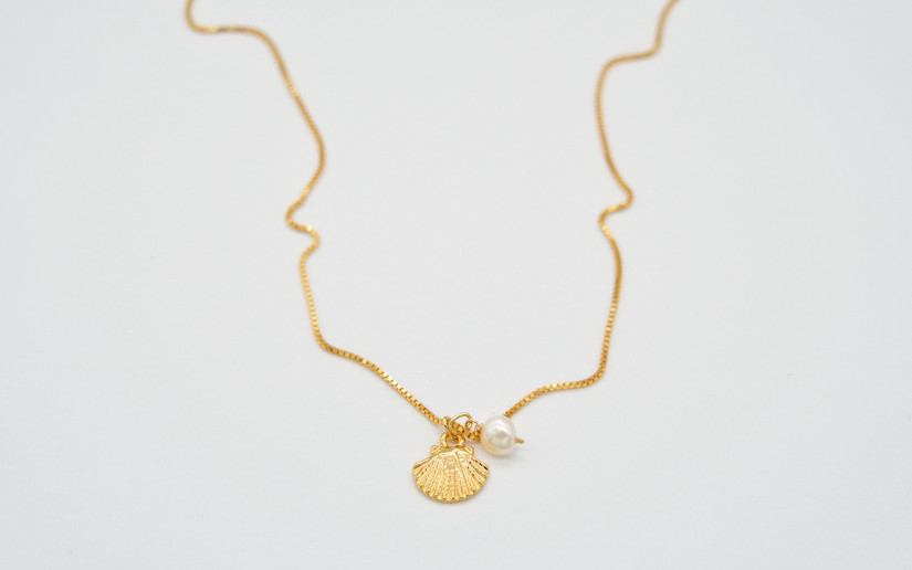 Goldene Halskette mit goldener Muschel und Süsswasser Perle