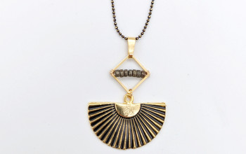 Schwarze Ethno Halskette mit Fächer-Anhänger und Pyrit